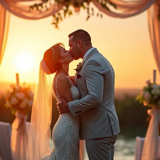Foto de um casal se beijando durante a cerimônia de casamento