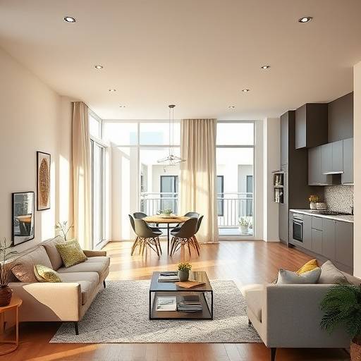 Fotografia de interiores de um apartamento moderno, mostrando a sala de estar e a cozinha