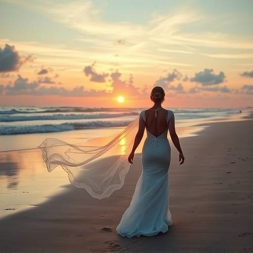 Fotografia de um casal rec√©m-casado caminhando na praia ao p√¥r do sol, com um v√©u esvoa√§ante.