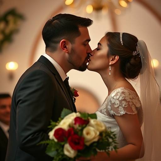 Fotografia de um casal se beijando durante a cerim√¥nia de casamento, com foco nos detalhes.