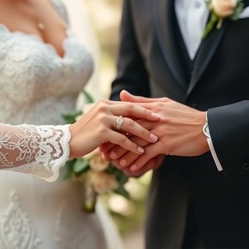 Fotografia de um casal trocando alian√§as durante a cerim√¥nia de casamento, com foco nas m√£os e nos detalhes.