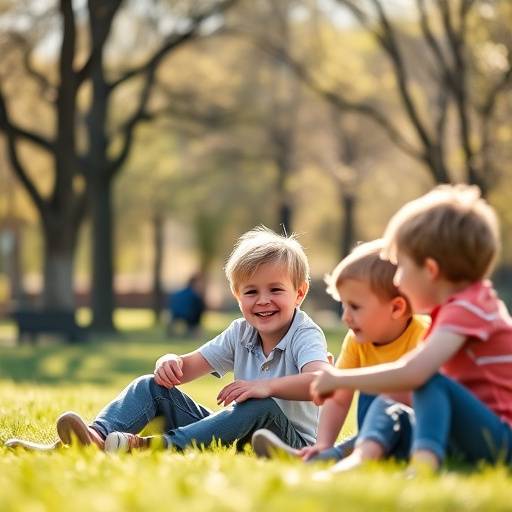 Fotografia de um pai brincando com seus filhos em um parque