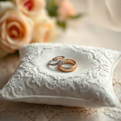 Fotografia detalhada das alianäas de casamento em um travesseiro de renda
