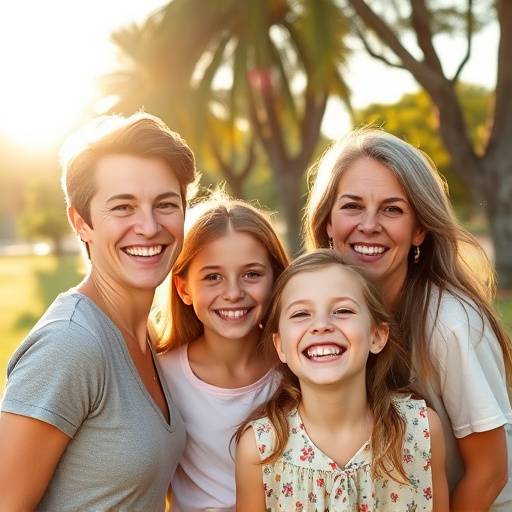 Retrato de uma fam√≠lia feliz sorrindo em um parque ensolarado em Florian√≥polis.