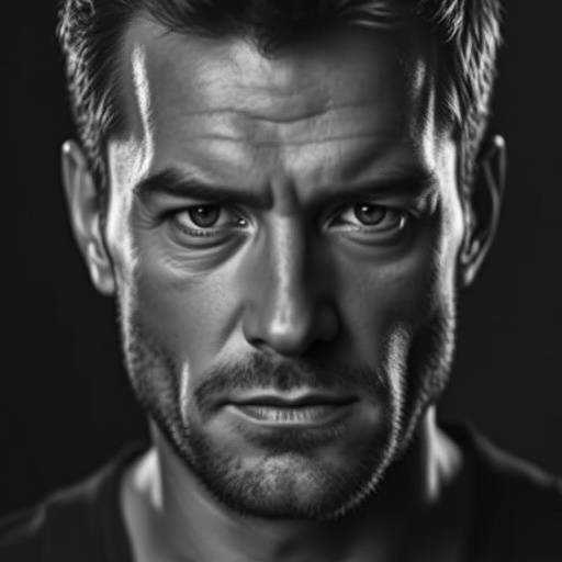 Retrato em preto e branco de um homem com expressão séria