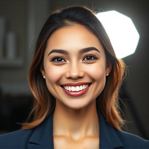 Retrato profissional de uma mulher sorrindo em um est√ºdio bem iluminado.
