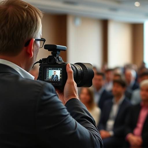 Um fot√≥grafo profissional capturando fotos de um palestrante durante um evento corporativo, com uma plateia atenta ao fundo.